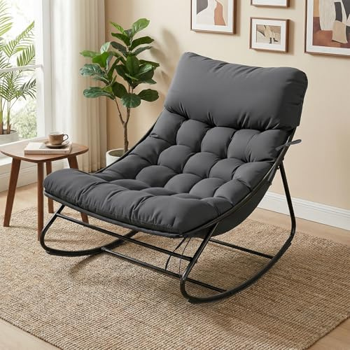 Aoxun Outdoor Rocking Chair with Cushion Maximum Load 160 kg, Rocking Lounger Weatherproof Metal Relaxing Chair for Garden, Yard, Patio and Balcony, Dark Grey, 29IN