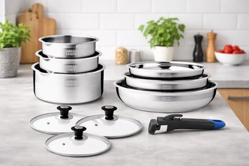Arthur Martin - Batterie de Cuisine 10 Pièces - Acier Inoxydable 18/10 - Tous Feux dont Induction - 3 Couvercles Verre - Poêles Ø20/22/26 cm - Casseroles Ø16/18/20 cm - Bec Verseur Gradué