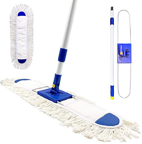 24” (60cm) Industrial Flat Mop, Swivel Mop Floor Duster Kit with Absorbent Floor Pad and 77cm-133cm Telescopic Handle, Dust Sweeper for Warehouse, Hotel, and Home Cleaning