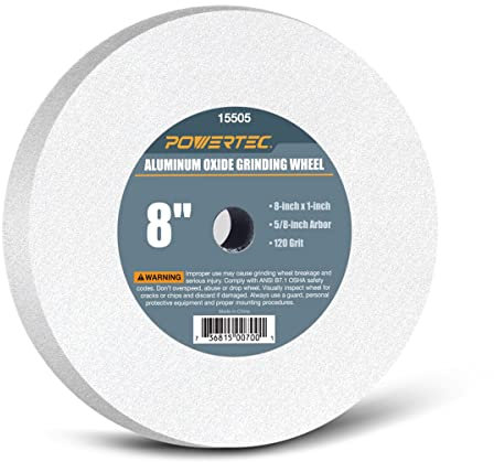 POWERTEC 15505 Bench and Pedestal Grinding Wheels, 8 Inch x 1 Inch, 5/8 Arbor, 120 Grit White Aluminum Oxide Bench Grinder Wheel for Grinding and Sharpening Cutting Tools, 1PK