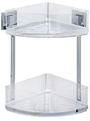 WENKO Badezimmer Eckregal Mod. Quadro Duo ohne Bohren 2 Etagen rostfreier Edelstahl Halterung Pflegeleichte Duschablage 28 x 32,5 x 19,5 cm