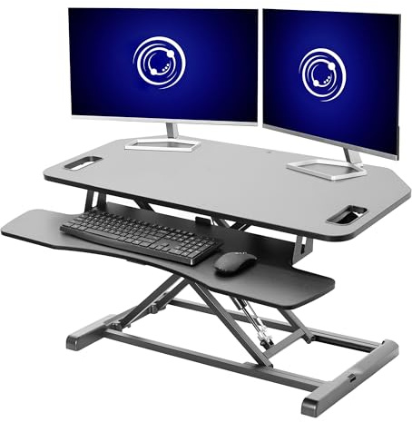 VIVO Extra Wide 38 inch Corner Desk Converter, K Series, Height Adjustable Sit to Stand Riser, Dual Monitor and Laptop Workstation with Wide Keyboard Tray, Black, DESK-V000KL
