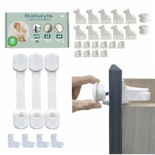 Babayls Baby Proofing Kit (20 Pack), 10 Magnetic Cupboard Locks (3 Keys), 3 Child Safety Strap Locks & 4 Corner Guards, No Drilling 3M Strong Adhesive Cabinet Locks for Drawers, Kitchen & Furniture