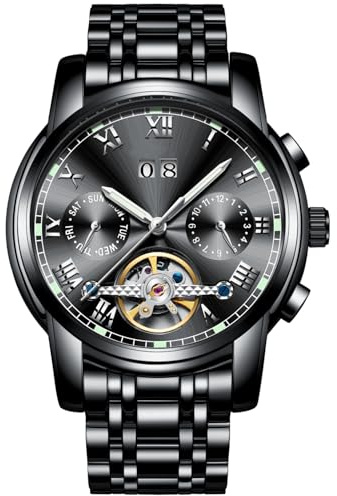 RORIOS Moda Lusso Automatico Meccanico Uomo Orologi Bracciale Calendario Luminoso Acciaio Inox Impermeabile Multifunzione Tourbillon Orologi, Nero B, Bracciale