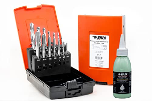 BAER Gewindeschneider Set inklusive Schneidpaste - HSSG: Maschinengewindebohrer Durchgangsloch + Kernlochbohrer: M 3 - M 12 - Gewindebohrer Satz - Maschinengewindeschneider - Gewinde schneiden