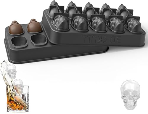 Holzsammlung 3D Totenkopf Eiswürfelformer mit Deckel, Silikon Eiswürfelformer, Gefrierfach für Gin Whisky, Scotch, Cocktail und Likörgläser, Backform, Gelee, Mousse Cake, Halloween Party