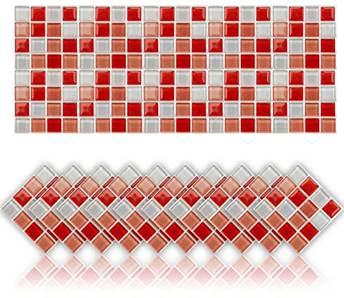20 Stück Fliesenaufkleber öldichte wasserdichte PVC selbstklebende Dekoration Mosaik-Stil Küche Badezimmer Fliesenaufkleber (15x15cm,Rot)