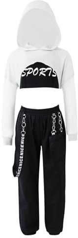 Freebily Träningsoverall för flicka 3 delar huvtröja + sport-bh + sportbyxor metallkedja ballerina jazz hiphop dans modern streetwear, Vit, 11-12 �r
