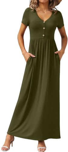 GRECERELLE Women's Summer Maxi Dress Short Sleeve V Neck Floor Length High Waisted Dresses with Pockets, Amry Green, S