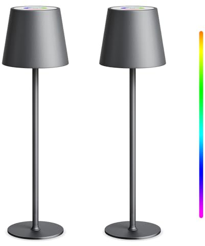 uuffoo 2 Stück LED Akku Tischlampe Outdoor Tischlampe Kabellos Touch Metall Tischlampe Warmweiß und RGB und IP44 wasserdicht für Schlafzimmer Lesen Arbeit Bar Restaurant (Grau)