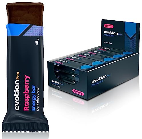 EVOTION PRO - Barritas energeticas (20 x 45g), Energía Rápida, Ideal para Ciclismo y Running, 4g de proteína por Energy Bar - Fibra, Proteínas y Carbohidratos Naturales - Sabor Frambuesa