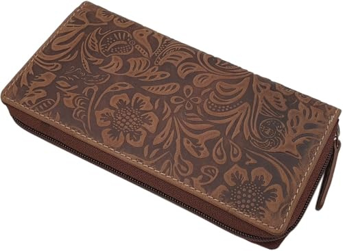 myledershop Große Vollrindleder Damen Geldbörse (Mit Lianen Prägung/Cognac) | RFID & NFC Schutz, inkl. Nähset, Geldbeutel, Portemonnaie