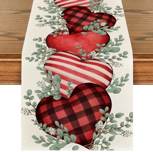 Artoid Mode Eucalyptus Hearts Valentine's Day Table Runner, Holiday Kitchen Dining Table Decoration for Home Party Indoor 13x72 Inch
