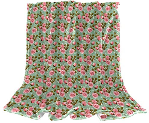 Fleece-Überwurfdecke für Couch, leicht, Plüsch, flauschig, rosa, Rosen, Blumenmuster, Hellgrün