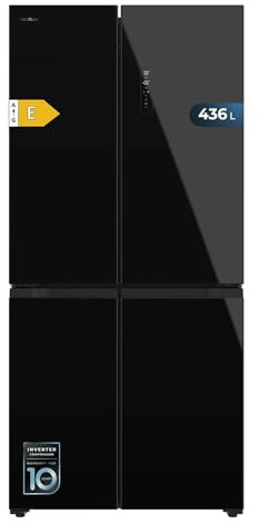 Cecotec Frigorífico 4 Puertas 436L Bolero CoolMarket 4D 436 Black Glass E. 183cm Alto y 83,6cm Ancho, Compresor Inverter Plus, Total No Frost, Alarma Puerta Abierta, Fast Cooling y Freezing