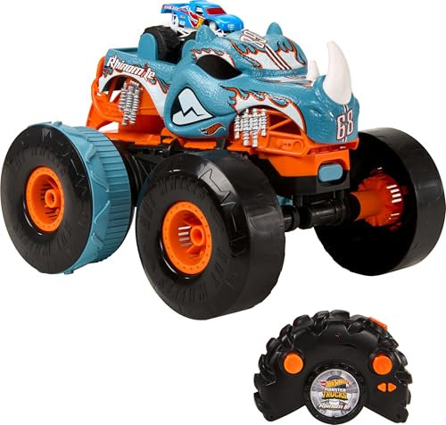 Hot Wheels Monster Trucks, Coche Teledirigido, RC Rhinomite radiocontrol, Coche de Juguete teledirigido con Mando se transforma en Pista, +5 años, HPK27