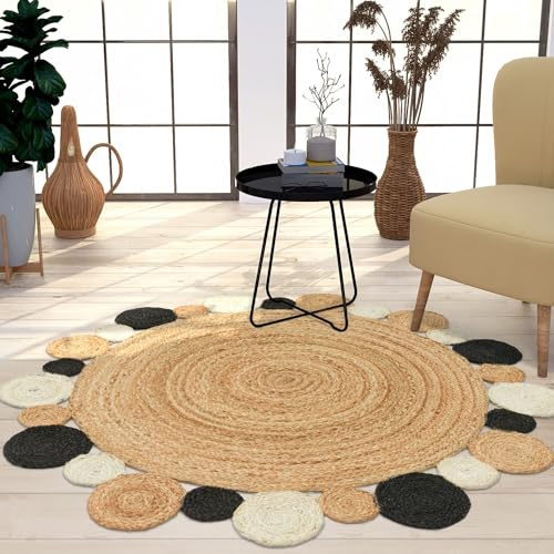 TT Home Jute Teppich Rund Wohnzimmer Esszimmer Boho Modern Handgemacht Mit Umrandung, Farbe:Schwarz, Größe:160 cm Rund