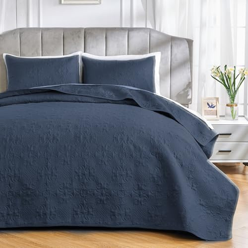 Qucover Tagesdecke 240x260 Blau Bettüberwurf Mikrofaser mit 2 Kissenbezügen | überwurf bett Bettüberwurf Bedspreads aus Mikrofaser, Steppdecke mit 2 Kissenbezügen, Sofa Überwurfdecke Wohndecke für Bett