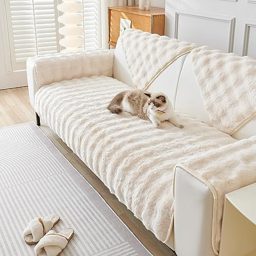 Rosnek Couch überwurf,Plüsch Superweich Sofaüberwurf rutschfest Sofabezug Sofaüberwurf Verdicktes Dekoration Für 2 3 Sitzer Sofa,2er 3er Sofa mit Armlehne,90x160 cm,Creme