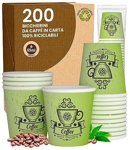 200 Bicchierini in Carta da caffè 65ml CuzcoGreenCUP Bicchieri Ecologici Biodegradabili Monouso Piccoli Asporto Bevande Calde