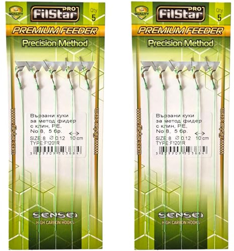 PRO FILSTAR Angelhaken Set mit Vorfach für Method Feeder 10 Stück, Größe 8 | Flechtschnur 10cm, DIA 0,12mm - Angeln Karpfen Zubehör - Hook with a Needle - Boilies Haken Set - Sport Set - Fishing Rig