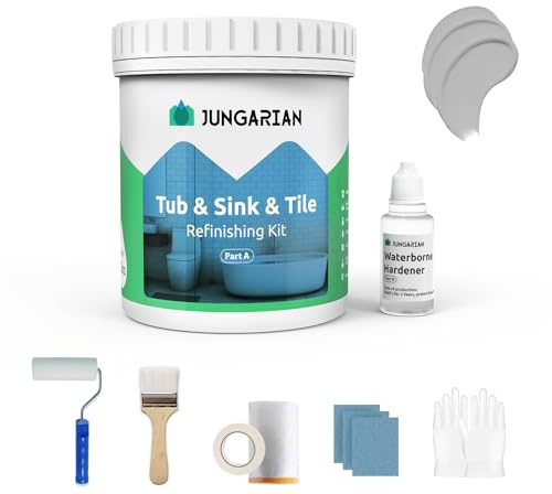 Jungarian Tub and Tile Refinishing Kit 17.5oz with Tools, Low Odor DIY Bathroom Paint Sink Tub Countertop Tile Shower Paint for Bathroom Kitchen Porcelain Fiberglass, Semi-Gloss Light Grey