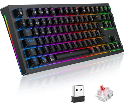 TECURS Teclado mecánico inalámbrico 80% TKL AZERTY, teclado Gaming Bluetooth/2.4Ghz/USB-C programable con interruptor rojo, teclado mecánico de juego RGB para PC/PS5/Win/Mac/Android/iOS, negro