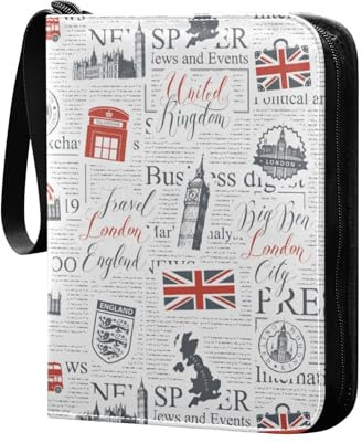 London Sehenswürdigkeiten Flagge Retro Zeitung Sammelkartenalbum 4 Taschen Kartenordner 50 Seiten 400 Karten PU Reißverschluss Kartenbinder Aufbewahrung Halter für Sportspielkarte