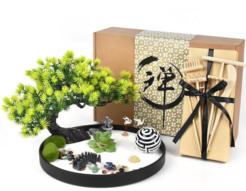 Artcome Japanese Zen Sand Garden for Desk - Crafted Therapy Round Tray - Home, Office Desk Accessories - Mindful Relaxation and Meditation Tool for Stress Relief - Gift Set
