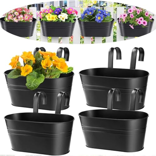 Aeetial 6 Packs Creative Half Round Wall Hanging Planters, Metal Flower Pots for Railing Fence - Indoor Outdoor Balcony Wall Hanging Basket, Plant Pot Container, Black, 17 x 6.9 x 8.7 Inches