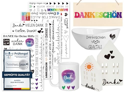 Sugeru Rub On Sticker - 4PCS Set | Sprüche Deko für Geburtstag, Raysin Keraflott, Silikonformen Gießformen, Hochzeit, Familie Folie für Möbel, Glas, Holz, Fotoalbum, Aufkleber Aesthetic (Danke)