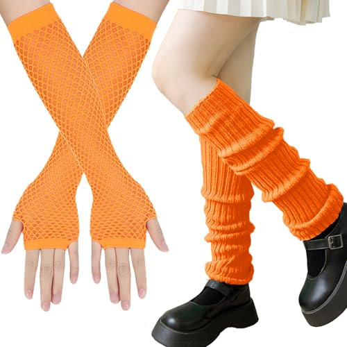 XIEXIESHER Neon Beinstulpen mit Neon Fingerlose Netzhandschuhe, Neon Stulpen, Leg Warmers, 80er 90er Jahre Kostüm Zubehör, Cosplay Kostüm Zubehör Disco Party Halloween Karneval Zubehör(Orange)