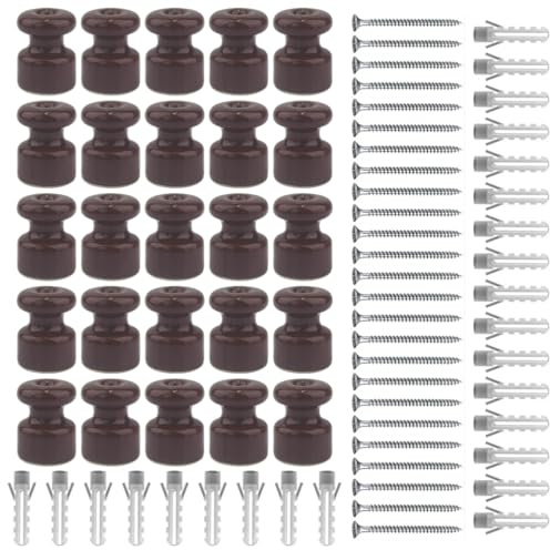 ZOHAR 25 x Porzellanisolatoren zur Textilkabel Braun Isolatoren Porzellan | Wand und Deckenpins Wandpins Porzellan, Aufputz-Kabelhalter für Lampe Vintage glänzend, Ø18mm, Isolatoren Keramik