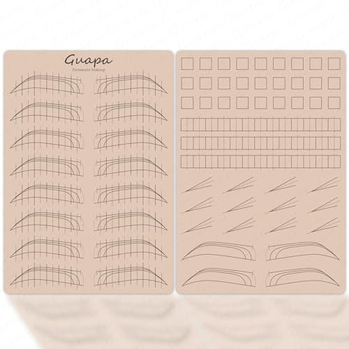 Guapa Lot de 4 peaux d'entraînement réalistes en silicone pré-imprimées recto verso pour traits, ombrage, sourcils, microblading, maquillage permanent (Pink eyebrow shape training skin)