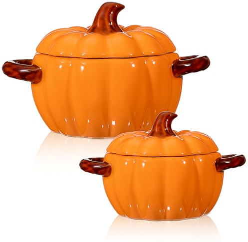 Uiifan Kürbistopf zum Kochen mit Deckel, 482 ml und 1,5 l, Orange, 2 Stück | Kürbisform Schüssel für Thanksgiving, Halloween, dekoratives Herbst-Backgeschirr, Dutch Oven Safe Casserole, Doppelgriffe