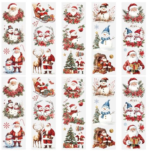 WANDIC 10 Sheets Christmas Snowman Rub on Transfer Stickers,Santa Claus Craft Transfer Decals Xmas Window Clings Christmas Scrapbook Stickers Xmas Card Decals Making Supplies（10 * 30cm）