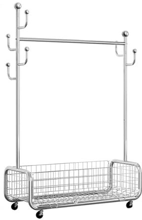 KJULKJKHJ Appendiabiti in Argento con Cestino Staccabile, attaccapanni Mobile da 168 cm per Camera da Letto dormitorio, 6 Ganci a Forma di Cactus, Appendiabiti per Maglioni, Sci