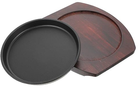 PHENOFICE 1set Piastra Per Steak Ferro Con Base Legno Padella Antiaderente Per Grigliate e Cottura Per Ristoranti e Uso Domestico