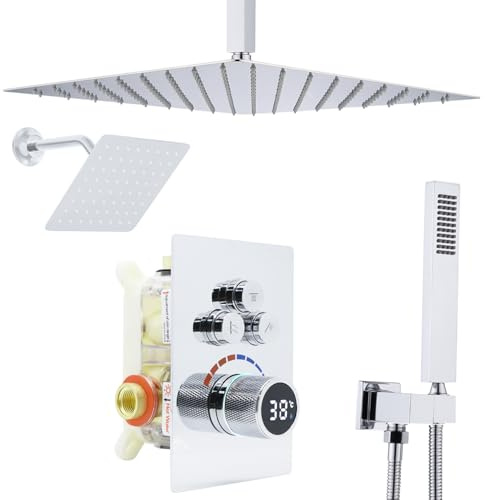 Delnet Dual Shower Heads Digital Display Shower Mixer Set, with 12 Ceiling Mounted Rain Shower Head & 6 Wall Mounted Head, 3 Way Outlet Digital Display Shower Valve, Chrome