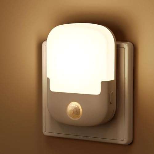 Briignite Nachtlicht Bewegungsmelder Steckdose, Dimmbar 3000K, 1 Stück | 3000K Warmweiß, 1W, 3 Helligkeitsstufen, ON/OFF/AUTO, Dämmerungssensor, 3-seitiges Licht für Flur