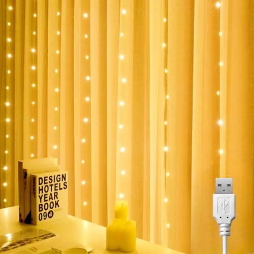 LED Lichtervorhang 1x1m, 100 LED lichterketten Vorhang Innen, Lichterkette Innen Warmweiß, USB Lichtervorhang Fenster mit 10 Haken für Innen und Außen Hochzeit Party Weihnachten Wand Schlafzimmer Deko