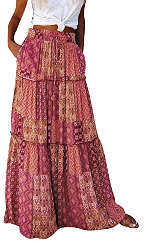 A-Linie, fließender Rock für Anlässe und elegante Röcke, Damen, lang, Boho, Blumen, hohe elastische Taille mit Taschen und Gürtel, Maxirock, Faltenrock, Strandrock, lässiger Rock, elastische Taille,