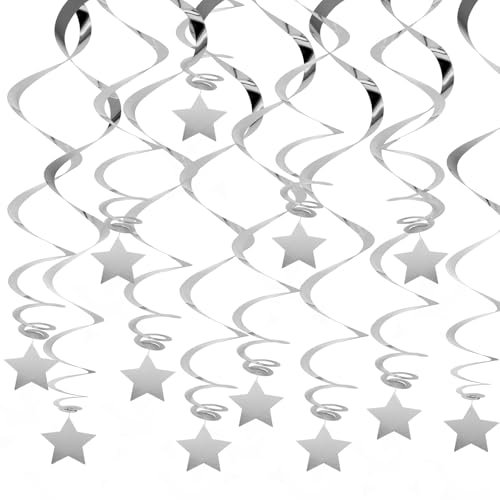 20 PCS Silver Hanging Stars Swirl Decorations, Stars Streamers Foil Swirls Silver Party Decorations for Ceiling Graduation Wedding Baby Shower Party Supplies