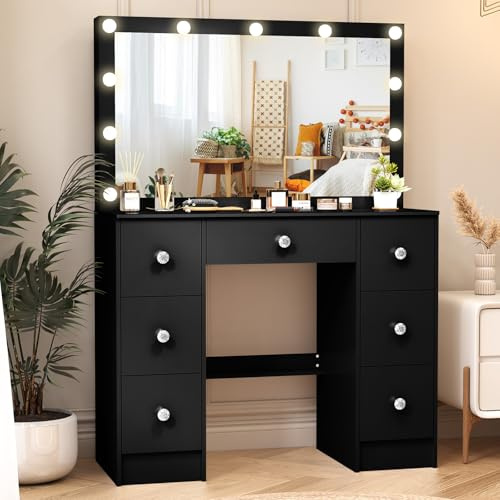 LIANWANG Schminktisch mit Großer Spiegel und LED Beleuchtung, 3 Farbtemperaturen und Einstellbarer Helligkeit, Frisiertisch mit 7 Schubladen, Schwarz, 100x140x40 cm