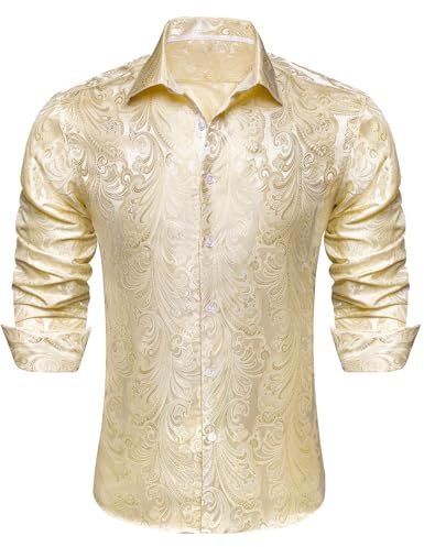 Ailisus Camicie vintage Paisley da uomo a maniche lunghe per feste discoteca camicia casual lucida floreale setosa costume designer unico, Champagne, 3XL
