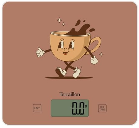 TERRAILLON - T1040 RETRO COFFEE - elektronisk köksvåg, glasbricka, kapacitet 3 kg, 1 g gradering, tara, flytande omvandlingar, ultratunn och kompakt - LCD-skärm - retro kaffe