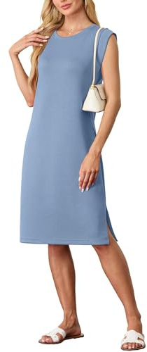 GRECERELLE Womens Summer Midi Dress 2025 Casual Crew Neck Shirt Dresses Elegant Wrinkle-Free Sleeveless Dresses for Women UK with Split and Pockets (Denim Blue, L)