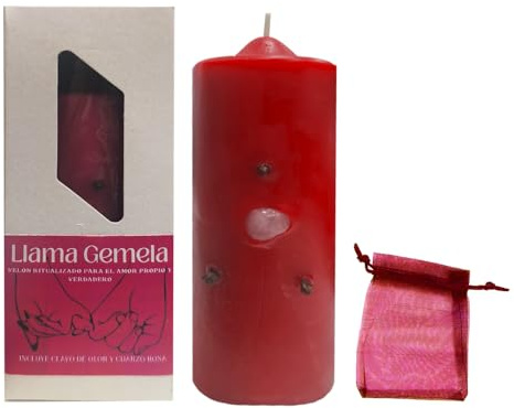 Velón Ritualizado Llama Gemela – Amor Propio y Amor Verdadero | Con Cuarzo Rosa y Clavo de Olor Incluidos | Velón Esotérico Rojo para Rituales de Atracción y Autoestima
