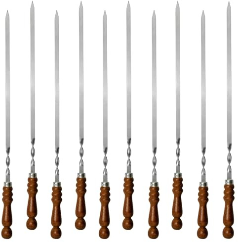 10 st. Set BBQ Edelstahlspieß mit Holzgriff 70 cm lang 1,2cm breit 3mm Stark Grillspieße Schaschlikspieße Barbecuespieß Extra Stark Edelstahl Schampura für Fleisch, Gemüse, Pilze, Kebab Rouladenspieße