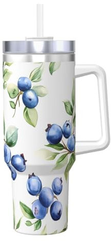 ZSUUGJ Blueberry Gobelet isotherme de 1200 ml avec poignée et couvercle à paille – Tasse de voyage isotherme, tasse à café – Bouteille d'eau réutilisable – Idéal pour voiture, travail – Cadeau